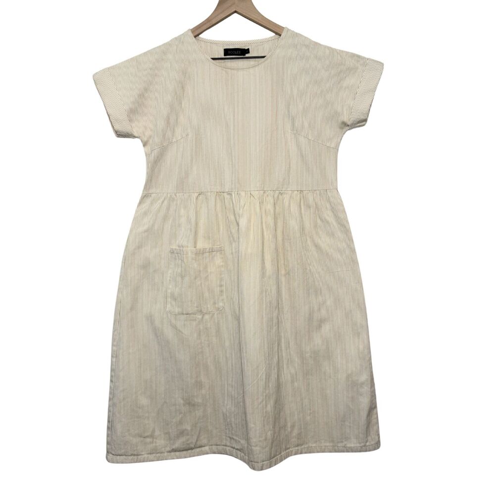 Roolee White and Tan Striped Cotton Short Sleeve Midi Dress Size L